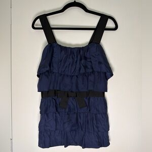 Anthropologie Bordeaux Top Silk Tank Ruffle Navy Black Front Bow Detail Sz Large